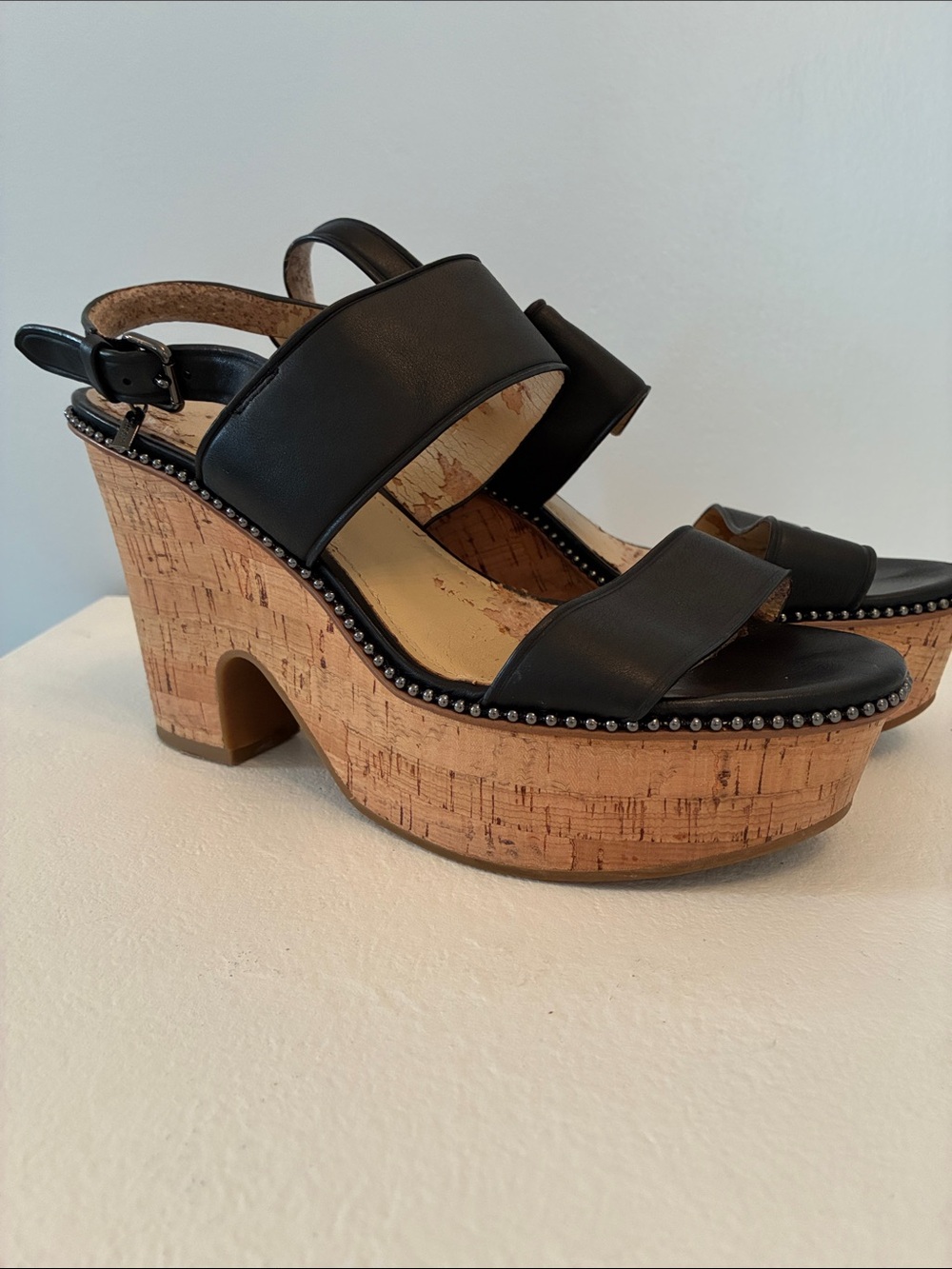 Coach Black Leather Cork Platform Sandals with Stud Trim Size 7.5